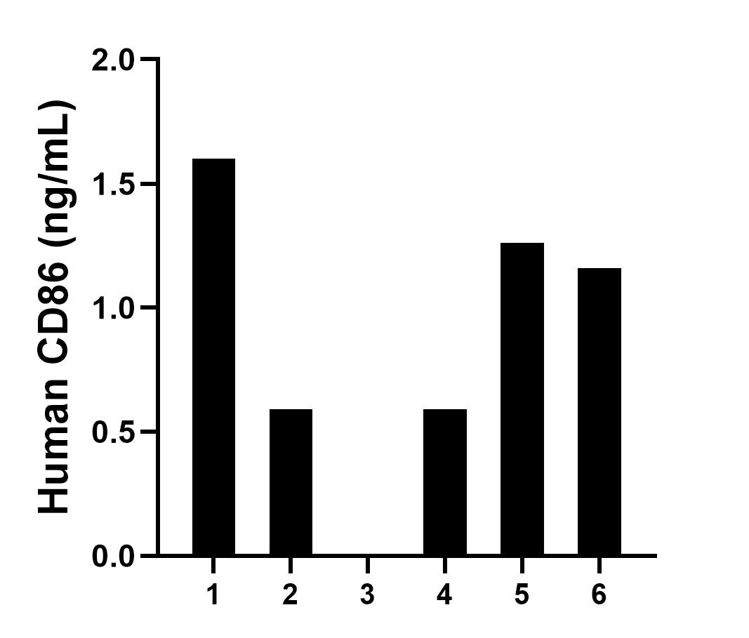 Plasma of six individual healthy human donors was measured. The CD86 concentration of detected samples was determined to be 1.04 ng/mL with a range of ND - 1.60 ng/mL.